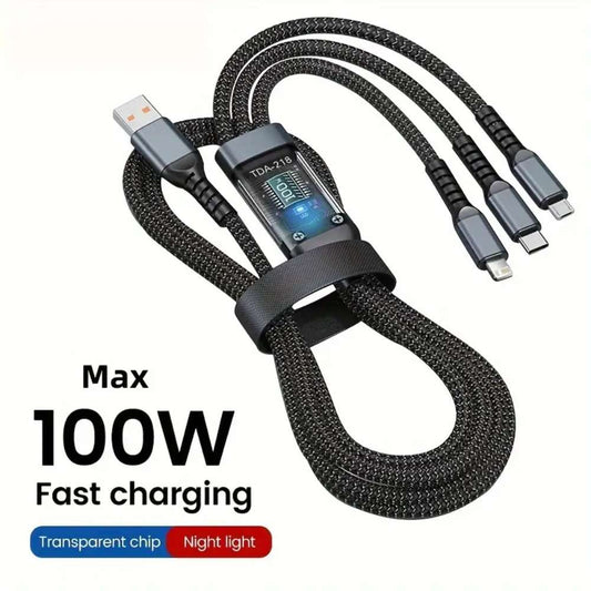 3-in-1 100W USB Type-C Fast Charging Cable, Multi-Port Charger for iPhone, Samsung, Xiaomi, Poco, Micro USB Devices