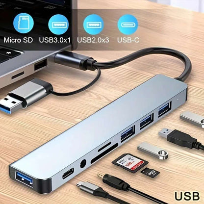 8-in-1 USB Hub with Audio Jack, Multi-Port Adapter, USB-Powered, 5V Voltage, Compatible with Tablets and Devices