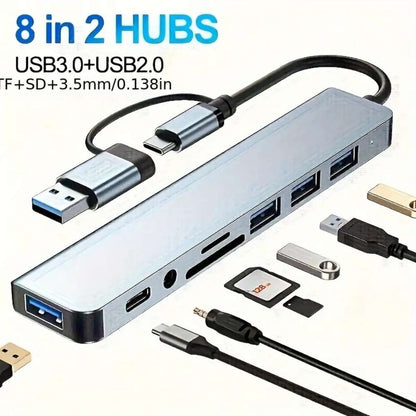 8-in-1 USB Hub with Audio Jack, Multi-Port Adapter, USB-Powered, 5V Voltage, Compatible with Tablets and Devices