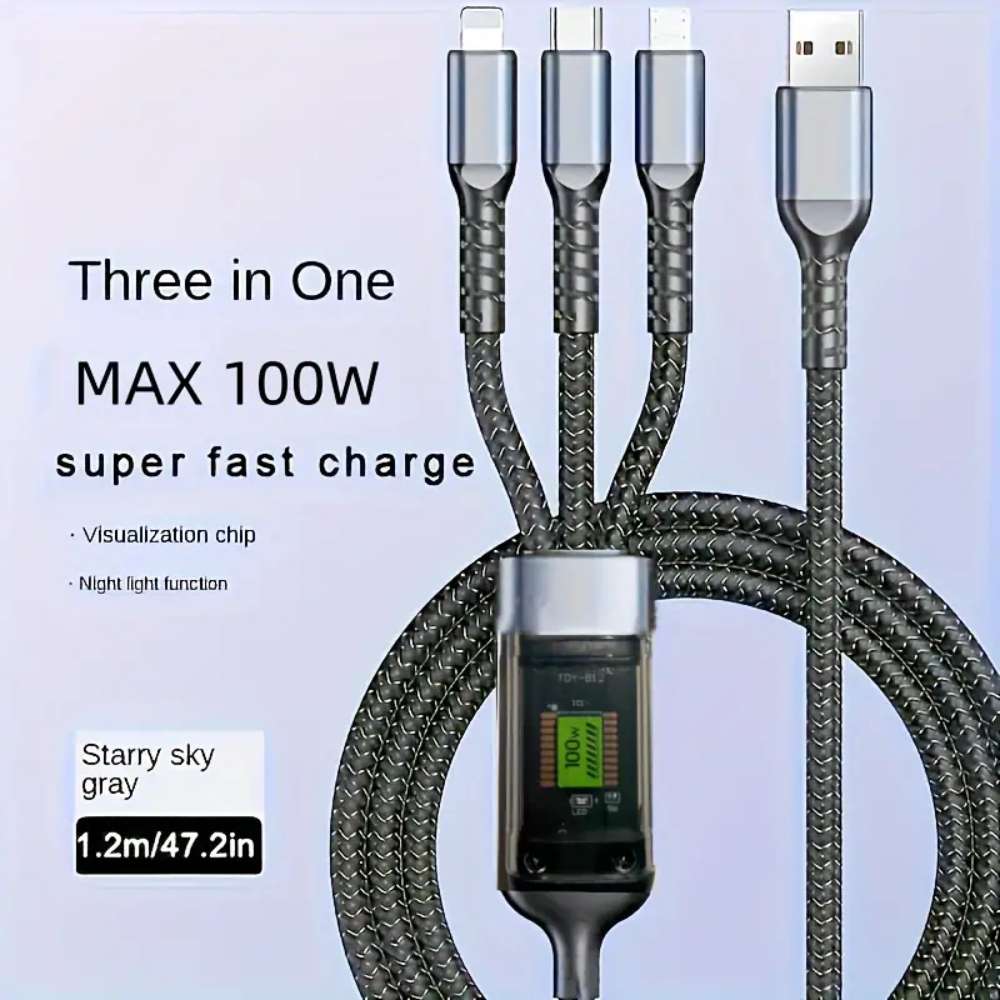 3-in-1 100W USB Type-C Fast Charging Cable, Multi-Port Charger for iPhone, Samsung, Xiaomi, Poco, Micro USB Devices