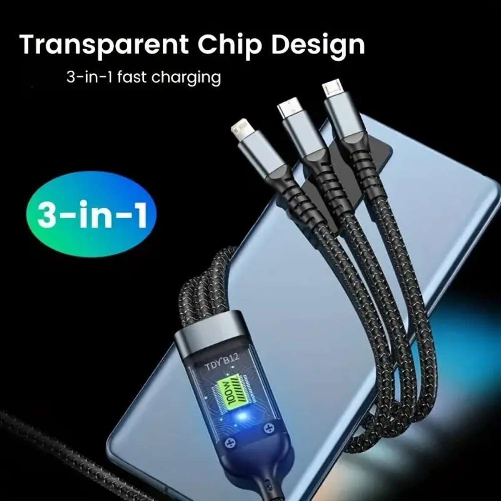 3-in-1 100W USB Type-C Fast Charging Cable, Multi-Port Charger for iPhone, Samsung, Xiaomi, Poco, Micro USB Devices