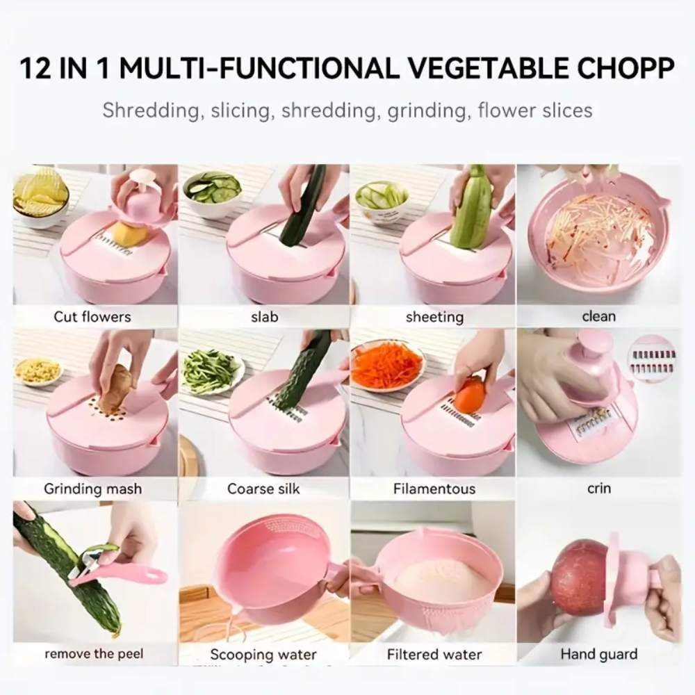 12-in-1 Multi-Functional Vegetable Chopper & Slicer for Kitchen, Commercial Use - Carrots, Potatoes, Radish Cutter