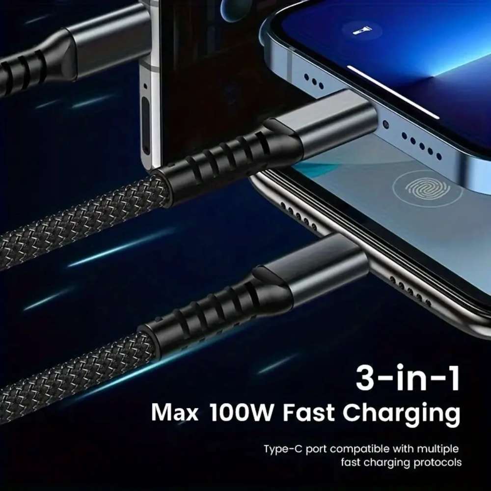 3-in-1 100W USB Type-C Fast Charging Cable, Multi-Port Charger for iPhone, Samsung, Xiaomi, Poco, Micro USB Devices