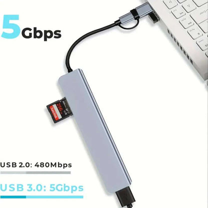 8-in-1 USB Hub with Audio Jack, Multi-Port Adapter, USB-Powered, 5V Voltage, Compatible with Tablets and Devices