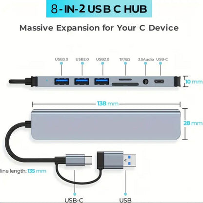 8-Port USB C Hub with USB 3.0, USB 2.0, Micro SD/TF Reader, Audio, Dual USB & Type-C Interfaces, Compatible with MacBook, iMac & Laptops