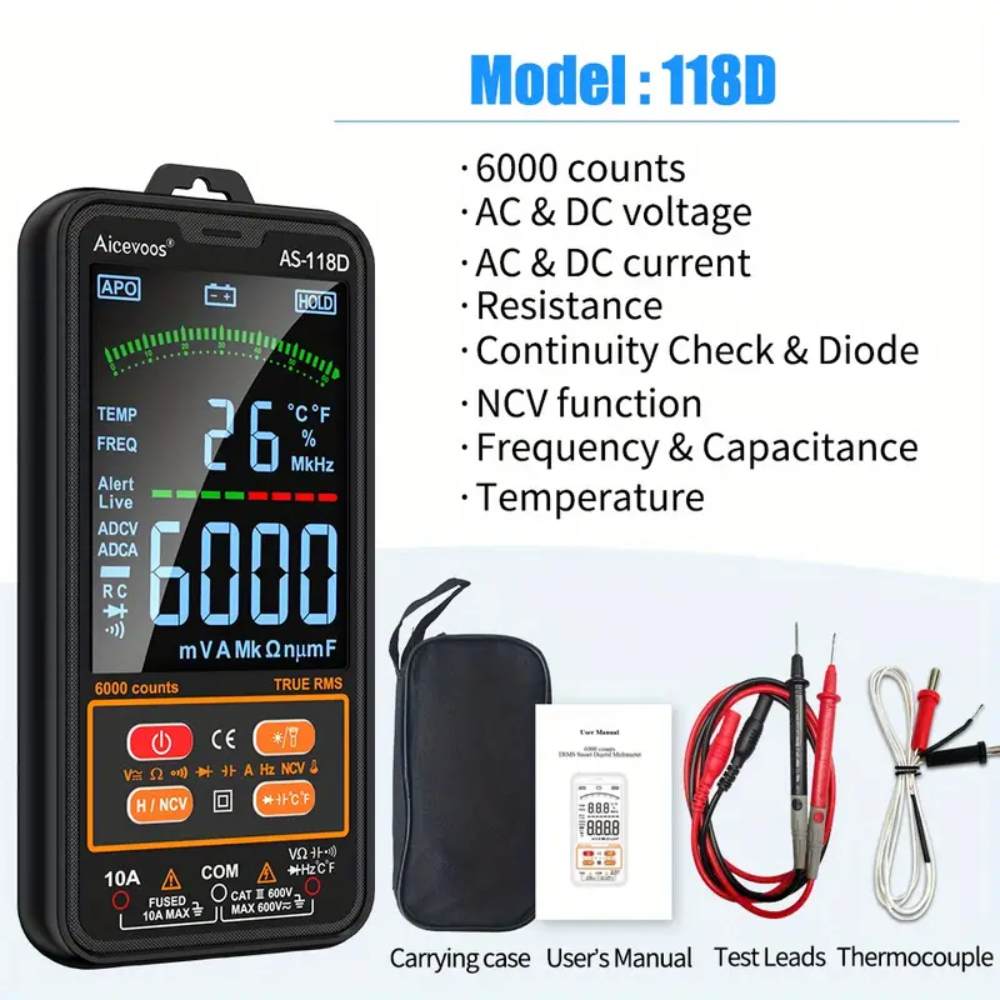 Smart Digital Multimeter Auto-Ranging Tester, Voltage, Current, Resistance, Temperature & More