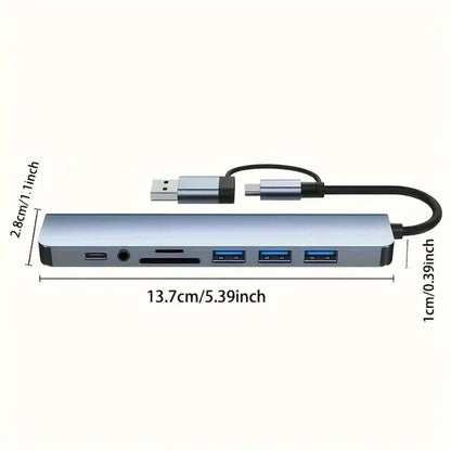 8-in-1 USB Hub with Audio Jack, Multi-Port Adapter, USB-Powered, 5V Voltage, Compatible with Tablets and Devices