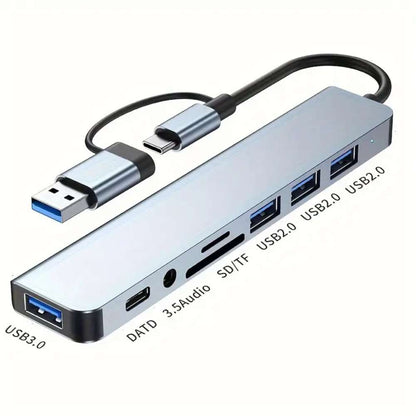 8-in-1 USB Hub with Audio Jack, Multi-Port Adapter, USB-Powered, 5V Voltage, Compatible with Tablets and Devices